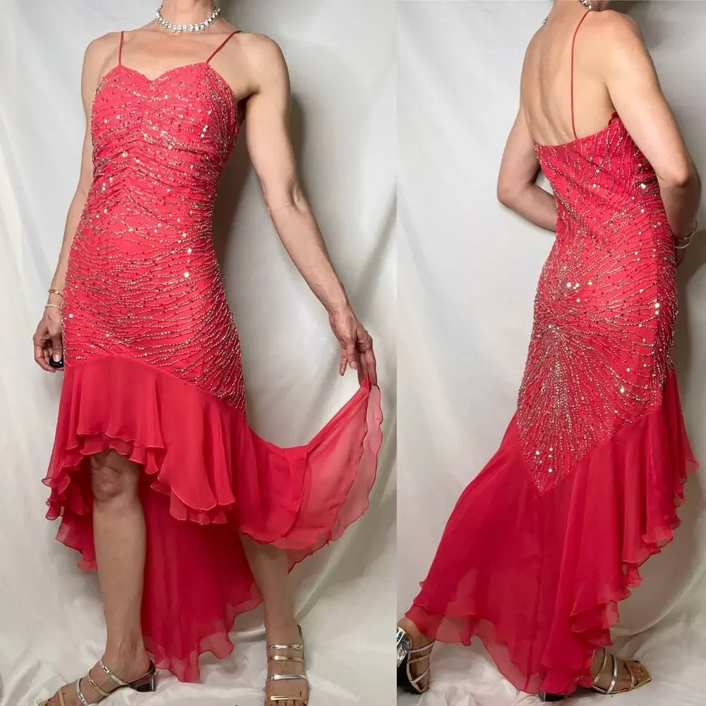 Scala prom dress coral pink 100% silk ruffle hem slip gown beaded sequin‎ formal